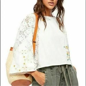 Free People Paris Picnic Patchwork Top Embroidered Lace Cropped White Size M